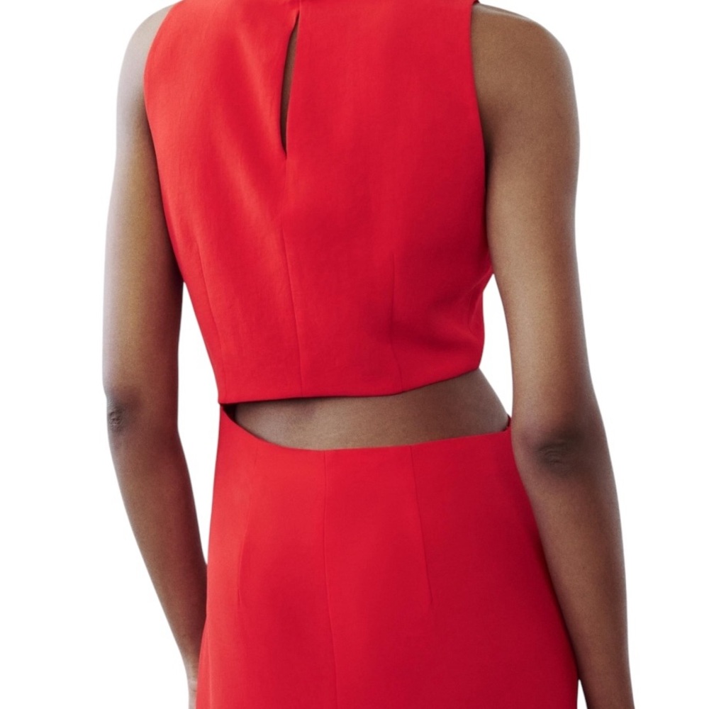 Zara Red Cut Out Midi Dress Medium Ring Detail Sleeveless Wedding Guest Cocktail - Picture 7 of 8